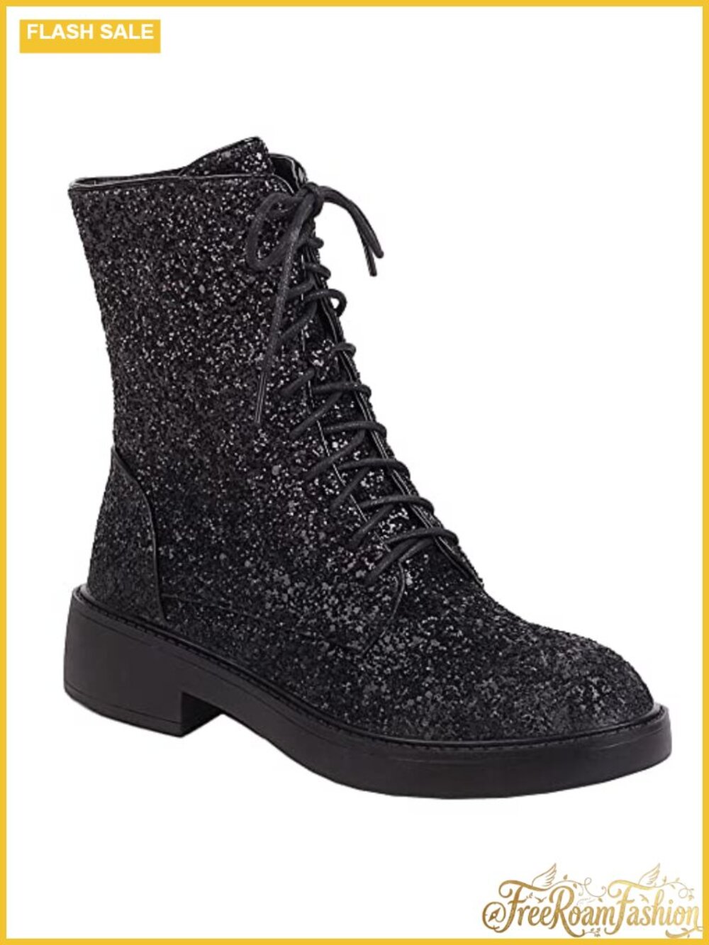 Womens Lace Up Glitter Sequin Combat Boots Round Toe Chunky Low Heel Side